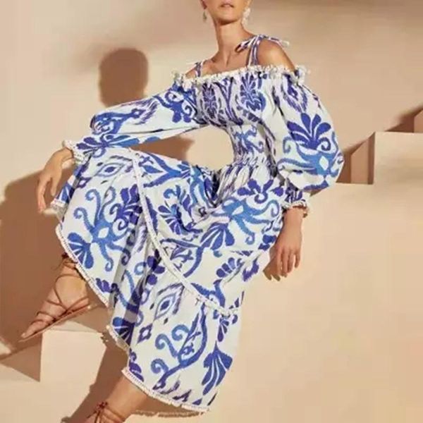 casual dresses 2021 women's summer version dress blue white porcelain printed flounces with long sleeves elastic waist, Black;gray
casual dresses 2021 women's summer version dress blue white porcelain printed flounces with long sleeves elastic waist, Black;gray