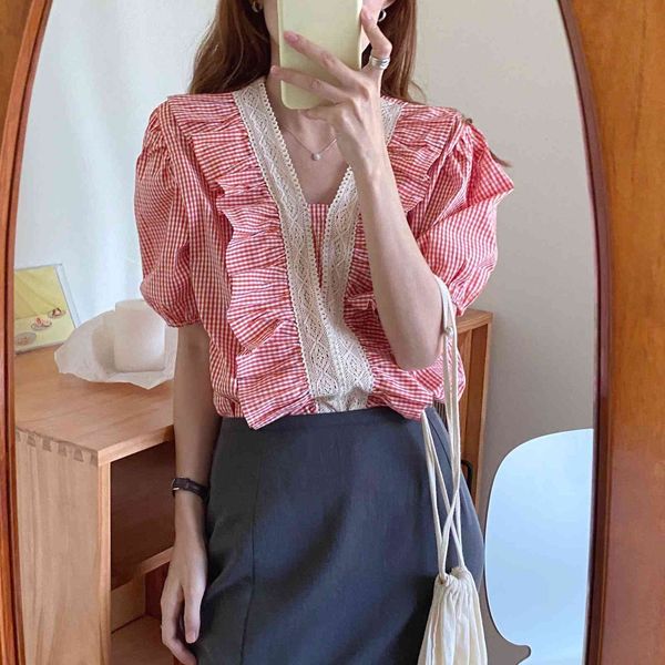 blouses summer ruffled plaid shirt women blouses korean style vintage v-neck sleeve hollow out sweet, White
blouses summer ruffled plaid shirt women blouses korean style vintage v-neck sleeve hollow out sweet, White
