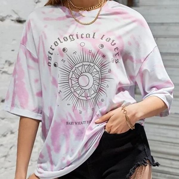 women's t-shirt round neck loose short sleeve printed tie-dye pullover mid-length, White
women's t-shirt round neck loose short sleeve printed tie-dye pullover mid-length, White
