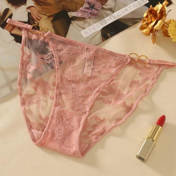 for women panties thin underwear romantic lace low waist metal ring string thong lingerie hollow out transparent underpant women's, Black;pink