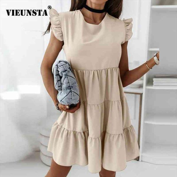elegant butterfly short sleeve womens dress summer beach round neck pleated party spring solid loose mini, Black;gray