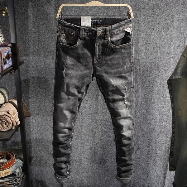 men's jeans european vintage fashion men retro black gray elastic slim fit ripped distressed designer casual denim pants, Blue
men's jeans european vintage fashion men retro black gray elastic slim fit ripped distressed designer casual denim pants, Blue