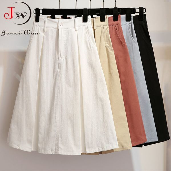women cotton skirt spring summer solid white black casual elegant office pocket elastic high waist a-line midi skirts faldas 210510
women cotton skirt spring summer solid white black casual elegant office pocket elastic high waist a-line midi skirts faldas 210510