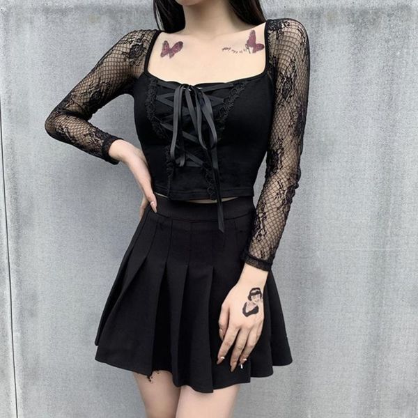 women's t-shirt insgoth vintage elegant black lace up gothic mesh see through long sleeve women autumn hollow out bodycon basic, White
women's t-shirt insgoth vintage elegant black lace up gothic mesh see through long sleeve women autumn hollow out bodycon basic, White