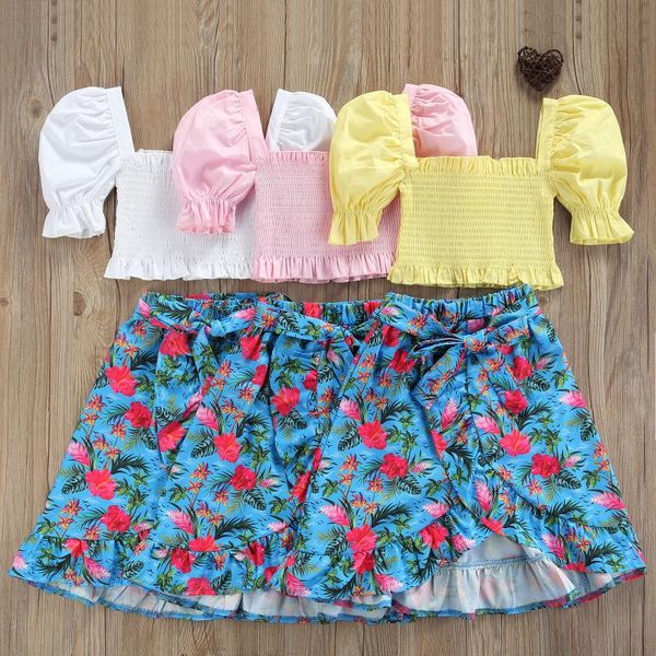 clothing sets summer little girls 3pcs set solid color puff sleeve ruched crop + belt irregular ruffle hem floral printing skirt outfit, White
clothing sets summer little girls 3pcs set solid color puff sleeve ruched crop + belt irregular ruffle hem floral printing skirt outfit, White