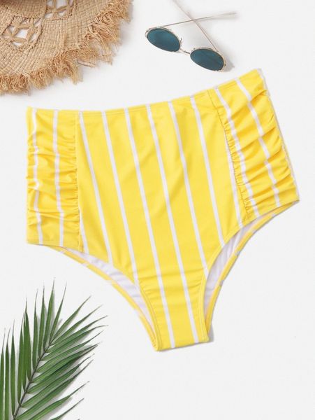 plus striped ruched high waisted bikini panty l0xa#, Black