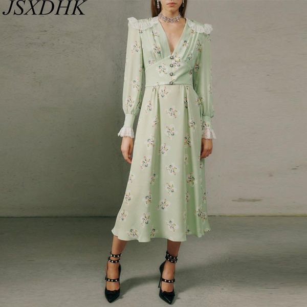 casual dresses runway design women v neck dress 2021 autumn flower printed chiffon patchwork lace pearl button slim waist long party, Black;gray