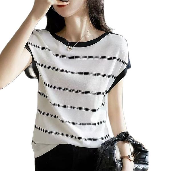 fashion and elegant round neck t-shirt women's black white striped sweater summer korean clothing 210520, White;black
fashion and elegant round neck t-shirt women's black white striped sweater summer korean clothing 210520, White;black