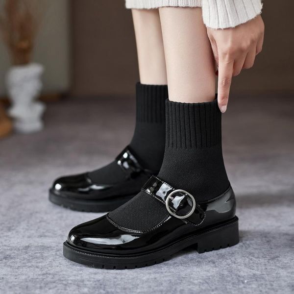 boots flying knitting wool tube mid-calf bright patent leather socks overshoes metal belt buckle thick bottom warm elastic, Black
boots flying knitting wool tube mid-calf bright patent leather socks overshoes metal belt buckle thick bottom warm elastic, Black