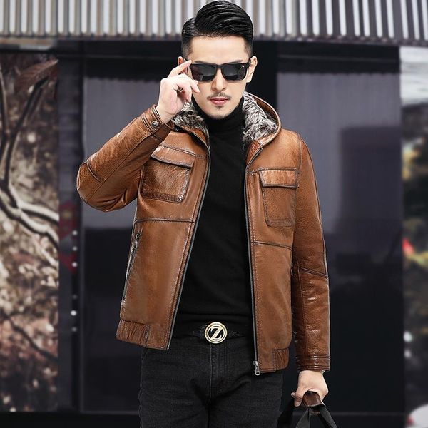 men's leather & faux 2021 winter natural oil wax goat skin short motorcycle coat wool liner with hood thick brown jacket, Black
men's leather & faux 2021 winter natural oil wax goat skin short motorcycle coat wool liner with hood thick brown jacket, Black