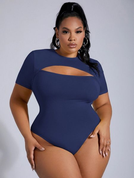 sxy plus solid cut out bodysuit h0xa#, Black