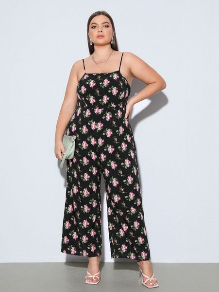 plus allover floral print cami jumpsuit o8au#, Black
plus allover floral print cami jumpsuit o8au#, Black