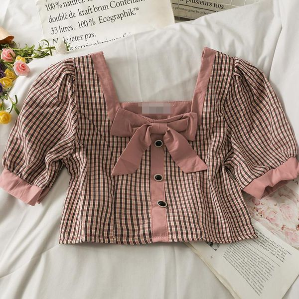 women's blouses & shirts all match short design women plaid blouse square collar bowknot preppy style shirt female summer sleeve, White
women's blouses & shirts all match short design women plaid blouse square collar bowknot preppy style shirt female summer sleeve, White
