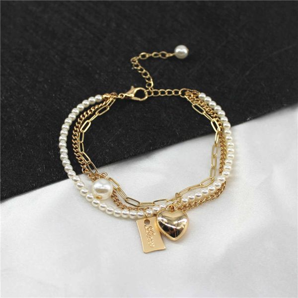 imitation pearl white love three layer bracelet women's indifference design student net red french, Golden;silver 
imitation pearl white love three layer bracelet women's indifference design student net red french, Golden;silver