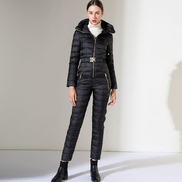 2019 winter new women's slim fit one-piece pants down jacket waist closing thickened outdoor skiing suit, Black 
2019 winter new women's slim fit one-piece pants down jacket waist closing thickened outdoor skiing suit, Black
