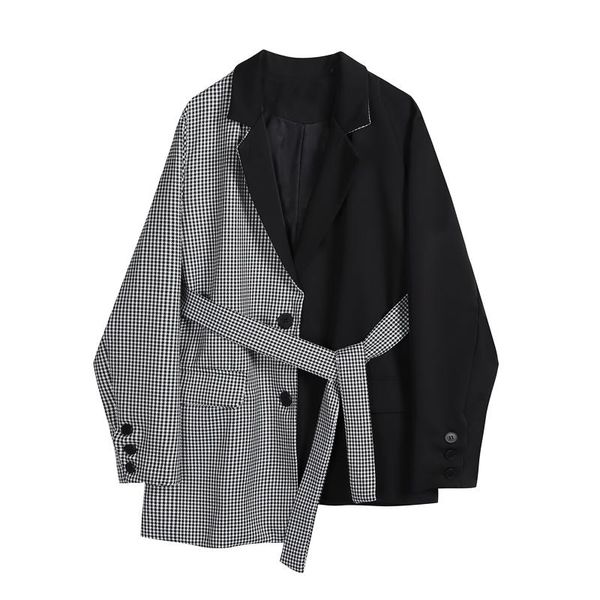 women's suits & blazers blazer coats with belt 2021 autumn korean black white plaid patchwork irregular single-breasted long sleeve ove, White;black
women's suits & blazers blazer coats with belt 2021 autumn korean black white plaid patchwork irregular single-breasted long sleeve ove, White;black