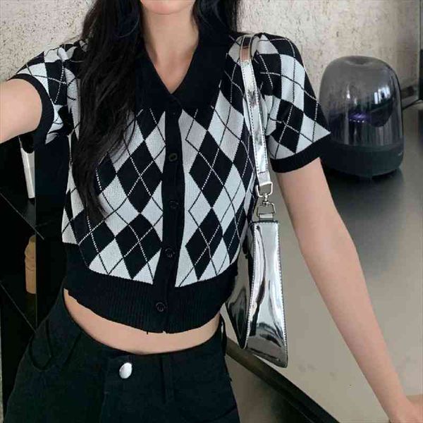 y2k retro argyle plaid polo collar knit cardigan womens summer single breasted shirt preppy style short sleeve crop top, White;black
y2k retro argyle plaid polo collar knit cardigan womens summer single breasted shirt preppy style short sleeve crop top, White;black