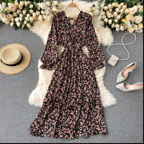 french spring summer floral womens dresses chiffon femme robe long sleeve fashion v neck vintage korean clothing, Black;gray
french spring summer floral womens dresses chiffon femme robe long sleeve fashion v neck vintage korean clothing, Black;gray