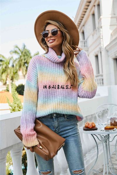 2021 autumn winter new women's wear ebya rainbow pullover high neck large sweater women, White 
2021 autumn winter new women's wear ebya rainbow pullover high neck large sweater women, White