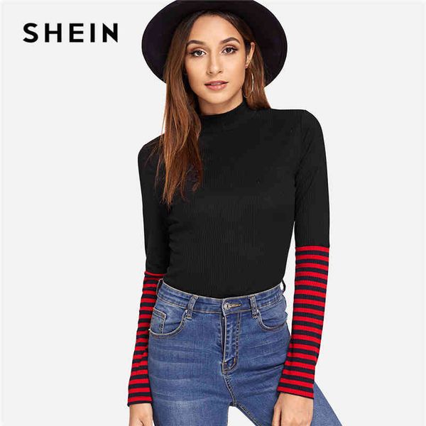 women's t-shirt shein black preppy casual colorblock mock neck striped ribbed slim fit long sleeve tee autumn modern lady women tshirt, White
women's t-shirt shein black preppy casual colorblock mock neck striped ribbed slim fit long sleeve tee autumn modern lady women tshirt, White