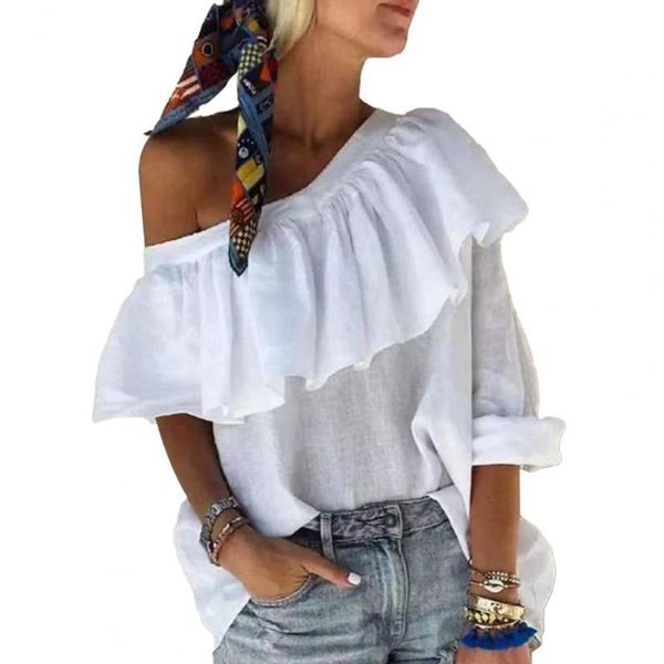 women's t-shirt ruffles design oblique shoulder women attractive casual off for out-going, White
women's t-shirt ruffles design oblique shoulder women attractive casual off for out-going, White