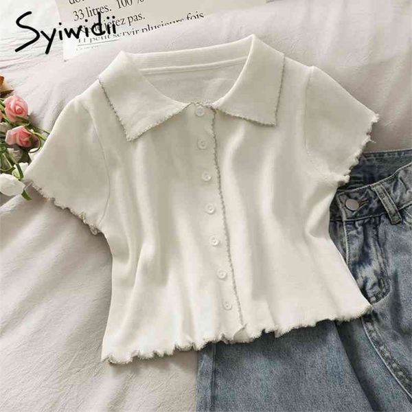 knitted woman t shirts korean harajuku summer fashion button up short sleeve turn-down collar white tees 210607
knitted woman t shirts korean harajuku summer fashion button up short sleeve turn-down collar white tees 210607