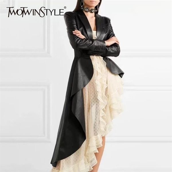 twotwinstyle elegant pu leather asymmetrical women's coat lapel collar high waist sashes female coats autumn fashion 211110, Black
twotwinstyle elegant pu leather asymmetrical women's coat lapel collar high waist sashes female coats autumn fashion 211110, Black