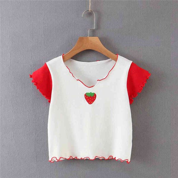 spring-summer women knitted short t-shirt female casual strawberry embroidery splice v-neck sleeve tee 210421, White
spring-summer women knitted short t-shirt female casual strawberry embroidery splice v-neck sleeve tee 210421, White