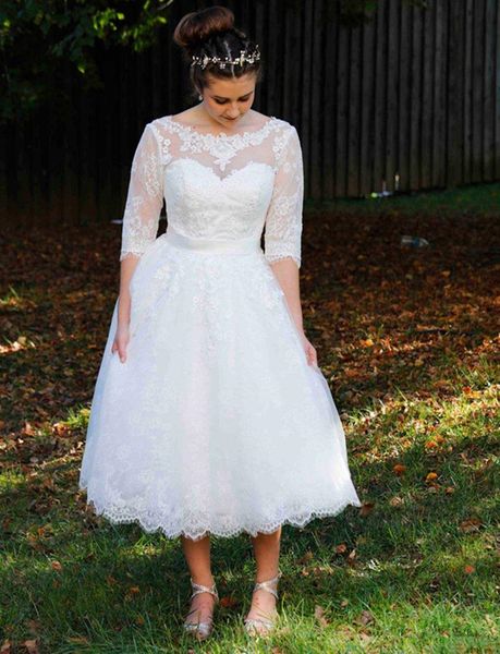 half sleeves a-line wedding dresses v backless bridal gowns scoop neck tea length short robe de marrige, White
half sleeves a-line wedding dresses v backless bridal gowns scoop neck tea length short robe de marrige, White