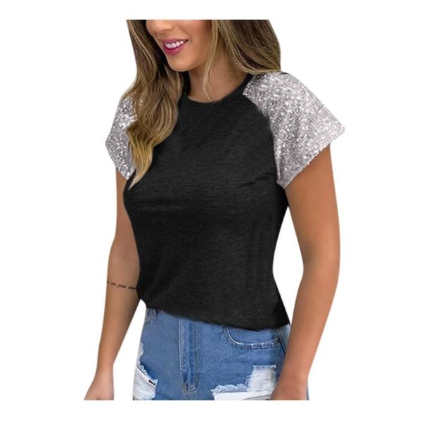 women's t-shirt round neck sequin short sleeve patchwork solid casual t shirt summer brand clothing, White
women's t-shirt round neck sequin short sleeve patchwork solid casual t shirt summer brand clothing, White