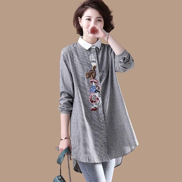 long shirt women blouse plus size striped embroidery ladies office cotton linen sleeve casual women's blouses & shirts, White
long shirt women blouse plus size striped embroidery ladies office cotton linen sleeve casual women's blouses & shirts, White