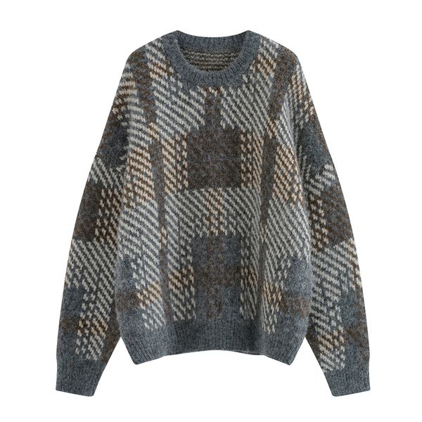 women sweater knitted pullovers red gray loose winter crew neck plaid m0394 210514, White;black
women sweater knitted pullovers red gray loose winter crew neck plaid m0394 210514, White;black
