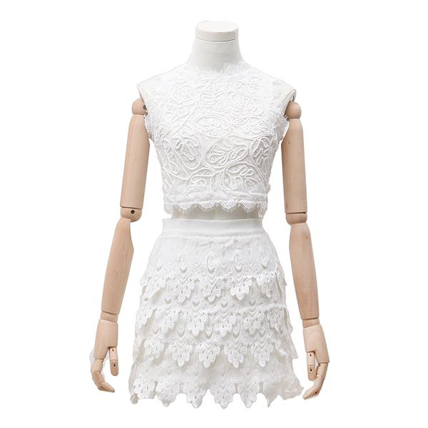 women white lace sleeveless zipper mini skirt 2 two piece set elegant summer t0096 210514 
women white lace sleeveless zipper mini skirt 2 two piece set elegant summer t0096 210514