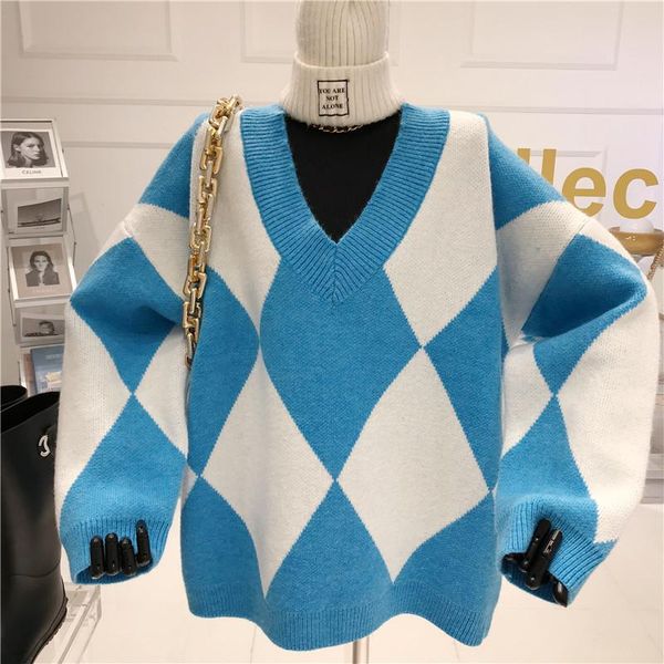 v-neck diamond check color matching loose long sleeve sweater women winter niche design lazy style pullover and knitted women's sweater, White;black 
v-neck diamond check color matching loose long sleeve sweater women winter niche design lazy style pullover and knitted women's sweater, White;black