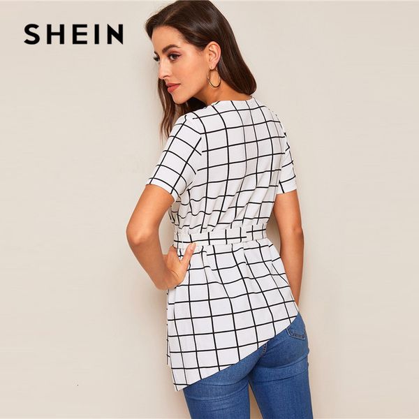 women's blouses & shirts shein asymmetrical hem belted grid summer blouse women clothes elegant short sleeve round neck ladies, White
women's blouses & shirts shein asymmetrical hem belted grid summer blouse women clothes elegant short sleeve round neck ladies, White