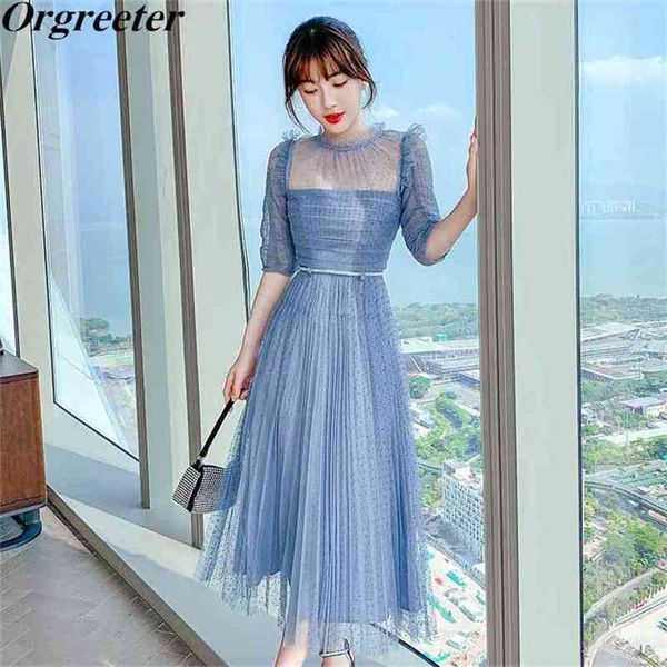 dot print blue dress summer chic pleated design ruffles trim short sleeve perspective mesh dresses robe femme with diamonds belt 210602, Black;gray
dot print blue dress summer chic pleated design ruffles trim short sleeve perspective mesh dresses robe femme with diamonds belt 210602, Black;gray