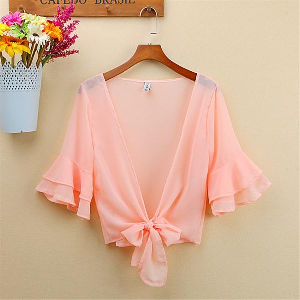 women's jackets 2021 summer s-3xl women short chiffon cardigan blouses female bow tie lady flare sleeve sun protection clothing beach s, Black;brown
women's jackets 2021 summer s-3xl women short chiffon cardigan blouses female bow tie lady flare sleeve sun protection clothing beach s, Black;brown