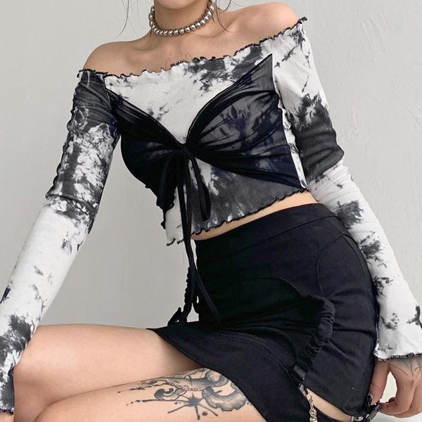 women's t-shirt dropshopping frill off shoulder crop t shirt women casual tie dye print long sleeve tee femme fashion patchwork, White
women's t-shirt dropshopping frill off shoulder crop t shirt women casual tie dye print long sleeve tee femme fashion patchwork, White