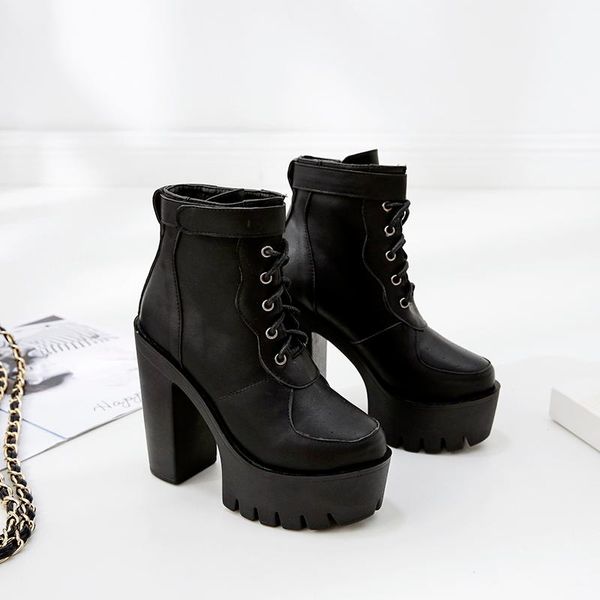 ankle strap platform high heels boots pu leather women's spring winter shoes model lace up western motorcycle, Black
ankle strap platform high heels boots pu leather women's spring winter shoes model lace up western motorcycle, Black