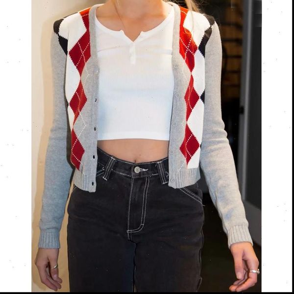 women sweaters v neck black and white red argyle jacquard cardigan in grey drop high quality, White;black
women sweaters v neck black and white red argyle jacquard cardigan in grey drop high quality, White;black