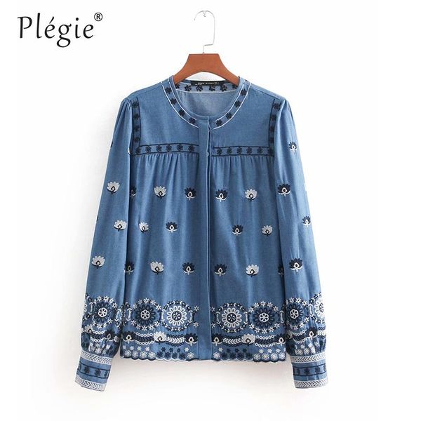 plegie fashion women's blouse 2021 spring denim blue shirts female floral embroidery long sleeve summer blusas work blouses &, White 
plegie fashion women's blouse 2021 spring denim blue shirts female floral embroidery long sleeve summer blusas work blouses &, White