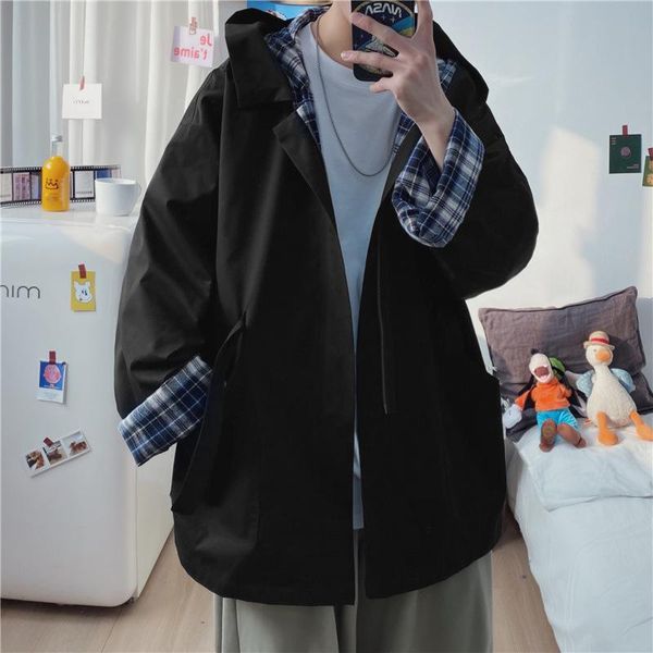 men's casual shirts plaid lined jacket spring and autumn fashion design sense hooded brand ins student coat, White;black
men's casual shirts plaid lined jacket spring and autumn fashion design sense hooded brand ins student coat, White;black