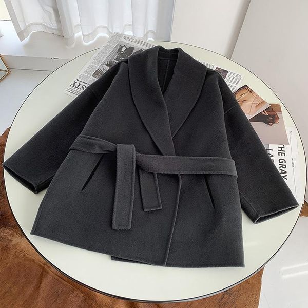 women's wool & blends dark double-sided woolen lace-up long sleeve coat simple loose female cardigan jacket with sashes autumn winter 2, Black
women's wool & blends dark double-sided woolen lace-up long sleeve coat simple loose female cardigan jacket with sashes autumn winter 2, Black