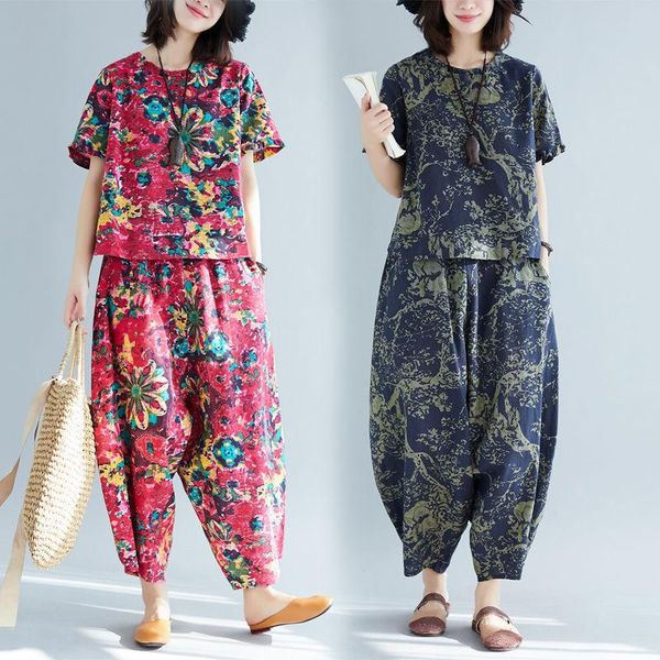 women two piece outfits pants set summer loose casual cotton linen floral print and harem sets plus size l375 women's, White
women two piece outfits pants set summer loose casual cotton linen floral print and harem sets plus size l375 women's, White