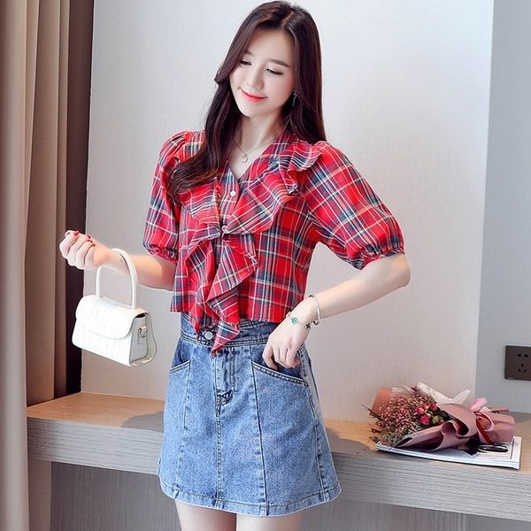 dress vintage women loose v-neck shirts ruffled plaid short sleeve shirt womens and blouses, White
dress vintage women loose v-neck shirts ruffled plaid short sleeve shirt womens and blouses, White