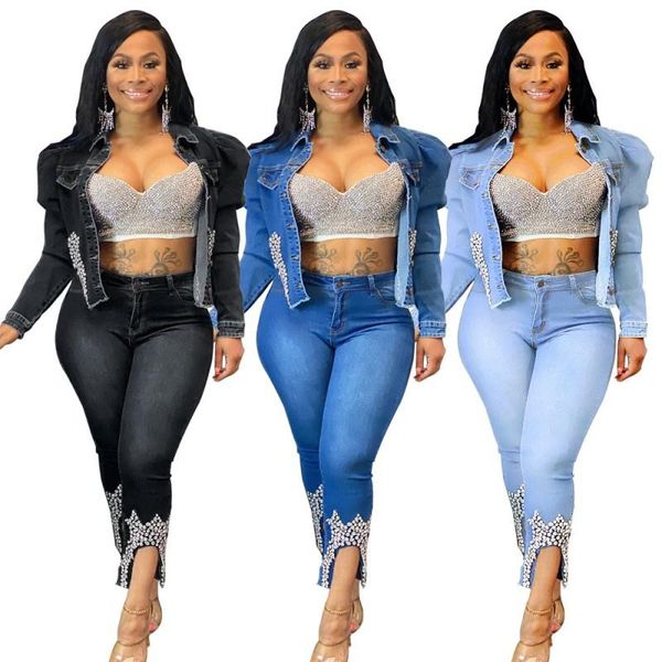women's two piece pants denim set women 2021 winter fashion solid color beaded slim and pencil long office sets, White
women's two piece pants denim set women 2021 winter fashion solid color beaded slim and pencil long office sets, White