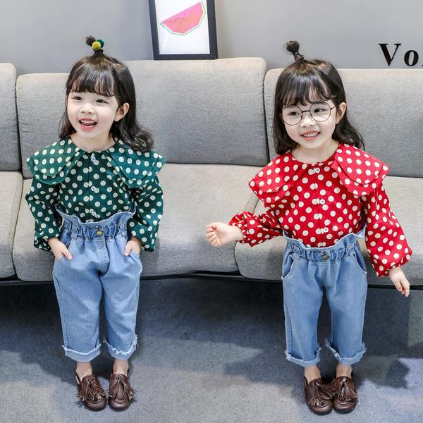 autumn girls clothing sets navy polka dot large collar + jeans pants toddler suit baby children outfits, White
autumn girls clothing sets navy polka dot large collar + jeans pants toddler suit baby children outfits, White