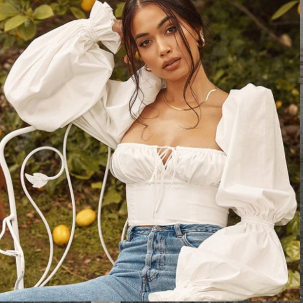 women's blouses & shirts elegant square collar puff sleeve vintage and women summer cropped short tie front clothes, White
women's blouses & shirts elegant square collar puff sleeve vintage and women summer cropped short tie front clothes, White