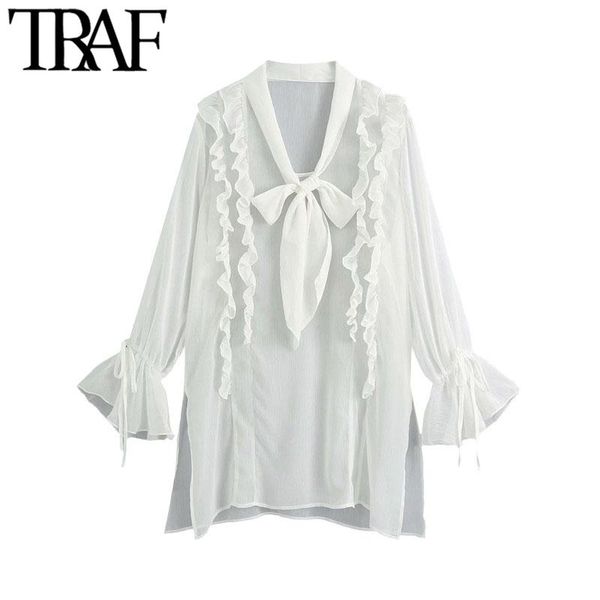 women's blouses & shirts traf women fashion with bow see through ruffled vintage v neck long sleeve side vents female chic, White
women's blouses & shirts traf women fashion with bow see through ruffled vintage v neck long sleeve side vents female chic, White