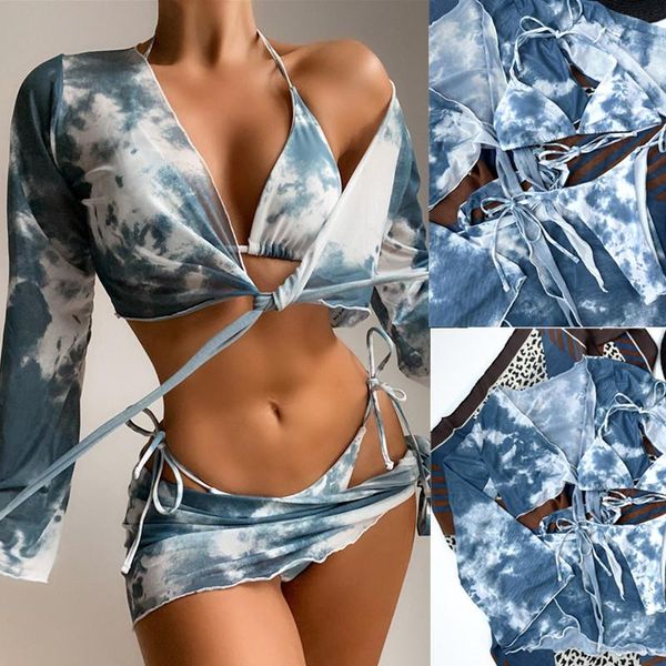 women's swimwear 4 pieces bathing suit, female tie-dye print strappy bikini + long sleeve smock+ panties+ skirt for summer, s//l, White;black
women's swimwear 4 pieces bathing suit, female tie-dye print strappy bikini + long sleeve smock+ panties+ skirt for summer, s//l, White;black